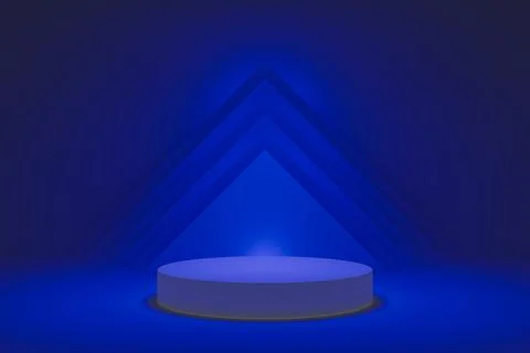 Blue neon podium in dark studio for technology Illustrazione stock
