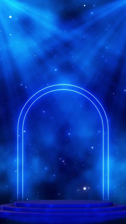 Blue neon podium stage background glowing arch, star particles, spotlight beams, Stock Footage 340478588