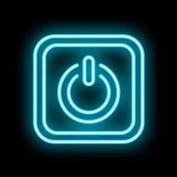 Blue neon power button icon glowing against a black background Ilustración de archivo