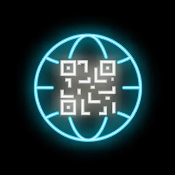 Blue neon qr code inside planet earth icon on black background Illustrazione stock