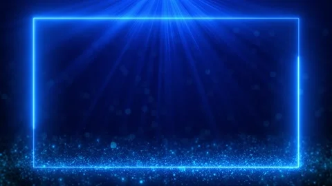 Blue neon rectangle frame background glowing border, light rays, particle Stock Footage 334104305