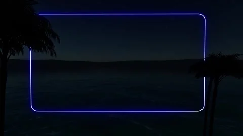 Blue Neon rectangle tropical nature palm tree sea ocean night Stock Footage 305536259
