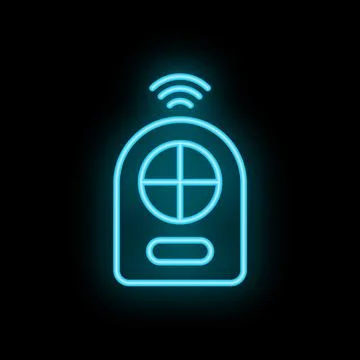 Blue neon remote control sending signal on black background Illustrazione stock