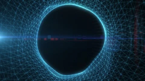 A blue neon ring formed by intersecting wireframe lines surrounds a dark ce.. Stock Footage 347731638