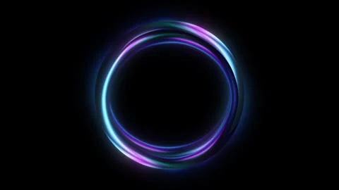 Blue neon ring glows with holographic light on black background. Purple orb Stock Footage 342445458