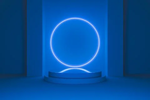 Blue neon ring podium in a dark minimalist 3D space Stock Illustration