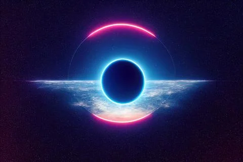 Blue Neon ring in space, 3d render Illustrazione stock