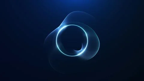 Blue neon ring with transparent fluid swirl on dark background, futuristic .. Stock Illustration