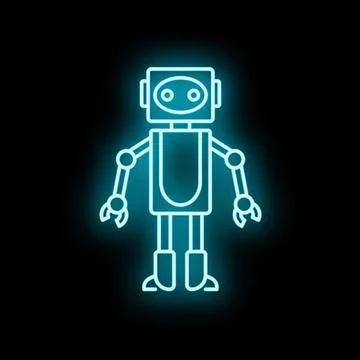 Blue neon robot glowing in darkness icon Stock Illustration