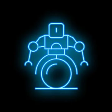Blue neon robot holding sphere balancing on platform Stock Illustration
