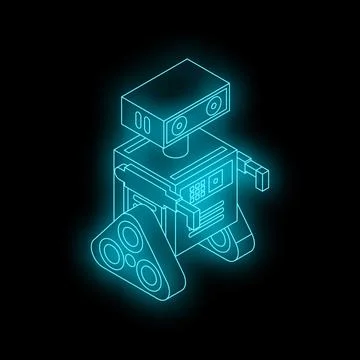 Blue neon robot walking on black background Stock Illustration