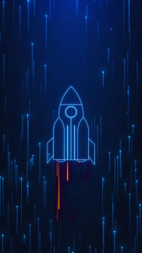 Blue neon rocket launch light trails, dark tech space, orange exhaust lines star Stock Footage 340577760