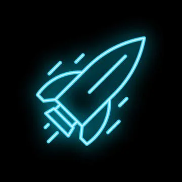 Blue neon rocket ship flying through space icon Stock Illustration