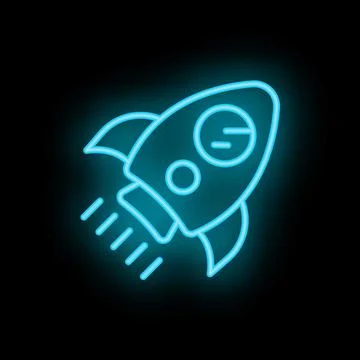 Blue neon rocket ship taking off on black background Stock Illustration