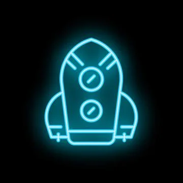 Blue neon rocket taking off on black background Stock Illustration