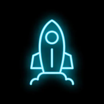 Blue neon rocket taking off from ground on black background Stock Illustration