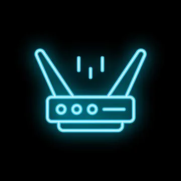 Blue neon router icon transmitting signal on black background Stock Illustration