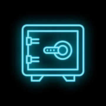 Blue neon safe deposit box glowing on dark background Stock Illustration