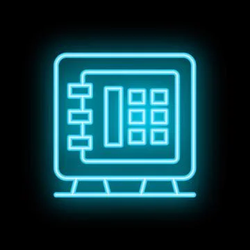 Blue neon safe deposit box glowing on black background Stock Illustration