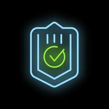 Blue neon shield with green check mark on black background Illustrazione stock