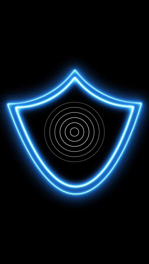 Blue Neon Shield Icon with Concentric Circles on Black Background abstract .. Stock Footage 337461322