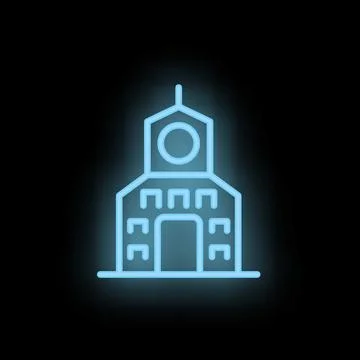 Blue neon sign of a building with a clock tower on a black background Ilustración de archivo