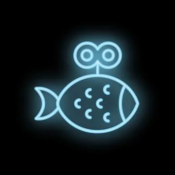 Blue neon sign of a clockwork toy fish on black background 스톡 일러스트