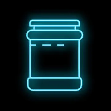 Blue neon sign of closed plastic jar on black background Stock Illustration