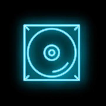 Blue neon sign of a compact disc in a jewel case on a black background Illustrazione stock