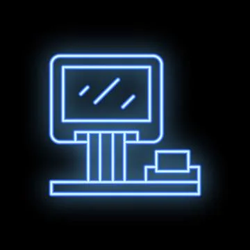 Blue neon sign of a computer screen with a website on it, standing on a desk  Stock Illustration