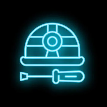 Blue neon sign of construction hard hat and screwdriver on black background Stock Illustration