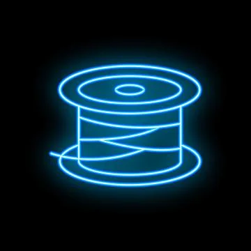 Blue neon sign depicting thread spool glowing on black background Stock Illustration