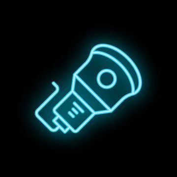 Blue neon sign icon of a camera flash glowing on black background Stock Illustration