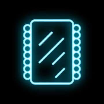 Blue neon sign of mirror with light bulbs on black background Stock Illustration