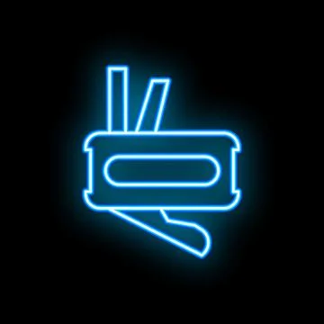 Blue neon sign of multitool pliers showing tools on black background Stock Illustration