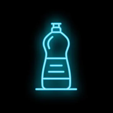 Blue neon sign of plastic bottle with cleaning detergent on black background Stock Illustration