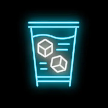 Blue neon sign of plastic cup with ice cubes for bar or restaurant Stock Illustration
