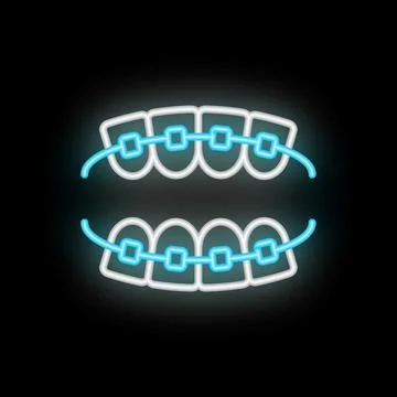 Blue neon sign representing braces on teeth on black background Stock Illustration