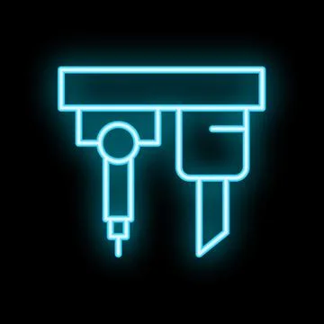Blue neon sign representing construction tools hanging on a wall Stock Illustration
