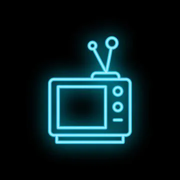 Blue neon sign representing old television set with antenna on black backgrou Illustrazione stock