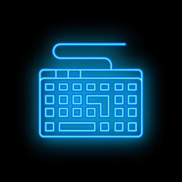 Blue neon sign showing computer keyboard on black background Stock Illustration