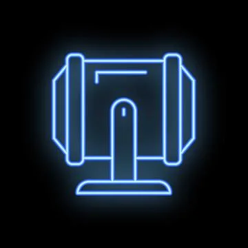 Blue neon sign showing a computer monitor on black background Stock Illustration