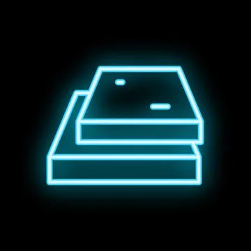 Blue neon sign showing a stack of papers on black background Illustrazione stock