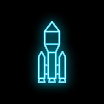 Blue neon sign of space rocket taking off from earth Stock Illustration