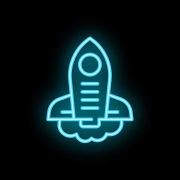 Blue neon sign of spaceship taking off from ground at night Stock Illustration