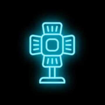 Blue neon sign of a studio light standing on a tripod on black background Stock Illustration