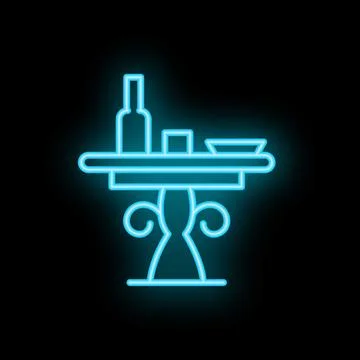 Blue neon sign of a table with bottle, glass and plate on black background Stockillustratie