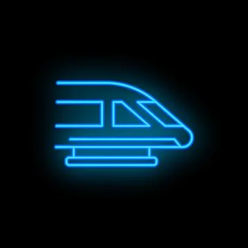 Blue neon sign train public transport icon showing speed Stock Illustration