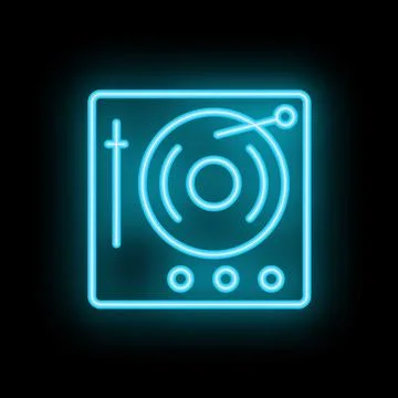Blue neon sign of turntable playing vinyl record on black background Stock Illustration