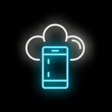 Blue neon smartphone connecting to cloud storage icon on black background Stock Illustration